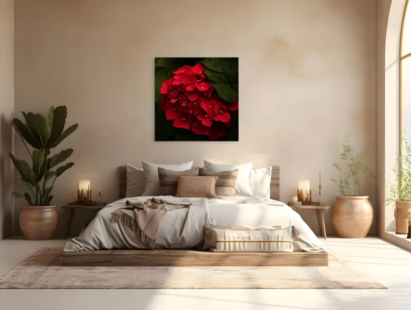 Tablou Canvas, "Buchet de hortensii roșii ascunse", Florale, Vibrație, Roșu, Frunziș, Umbre, Contrast, Textură, Delicat, Natură, Grădină, Întunecat, Misterios, 100 x 100 cm – poza 4