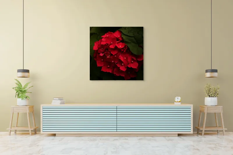 Tablou Canvas, "Buchet de hortensii roșii ascunse", Florale, Vibrație, Roșu, Frunziș, Umbre, Contrast, Textură, Delicat, Natură, Grădină, Întunecat, Misterios, 100 x 100 cm – poza 5