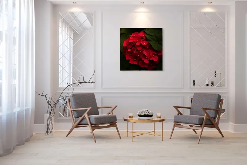 Tablou Canvas, "Buchet de hortensii roșii ascunse", Florale, Vibrație, Roșu, Frunziș, Umbre, Contrast, Textură, Delicat, Natură, Grădină, Întunecat, Misterios, 100 x 100 cm – poza 7