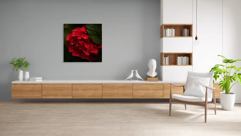 Tablou Canvas, "Buchet de hortensii roșii ascunse", Florale, Vibrație, Roșu, Frunziș, Umbre, Contrast, Textură, Delicat, Natură, Grădină, Întunecat, Misterios, 100 x 100 cm – poza 8