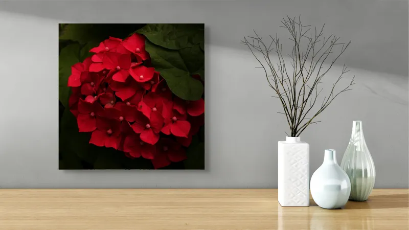 Tablou Canvas, "Buchet de hortensii roșii ascunse", Florale, Vibrație, Roșu, Frunziș, Umbre, Contrast, Textură, Delicat, Natură, Grădină, Întunecat, Misterios, 50 x 50 cm – poza 3