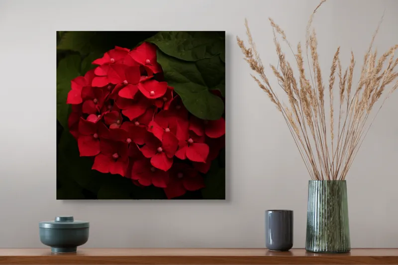 Tablou Canvas, "Buchet de hortensii roșii ascunse", Florale, Vibrație, Roșu, Frunziș, Umbre, Contrast, Textură, Delicat, Natură, Grădină, Întunecat, Misterios, 50 x 50 cm – poza 4