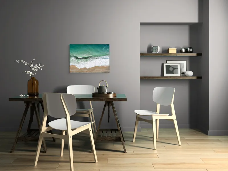 Tablou Canvas, "Valurile mării la țărmul însorit", Valuri, Apă, Nisip, Spumă, Ocean, Plajă, Natură, Liniște, Verde, Albastru, Textură, Peisaj, Aerian, Mare, Relaxare, 70 x 50 cm – poza 5