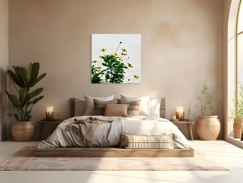 Tablou Canvas, "Flori sălbatice sub soare blând", Flori, Galbene, Delicate, Frunze, Verzi, Natură, Simplă, Lumină, Zori, Fragilitate, 100 x 100 cm – poza 4