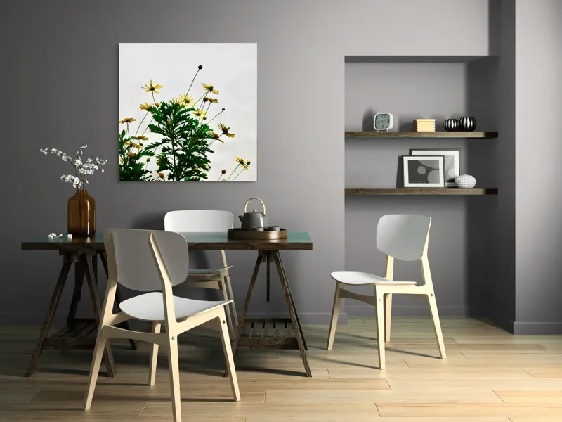 Tablou Canvas, "Flori sălbatice sub soare blând", Flori, Galbene, Delicate, Frunze, Verzi, Natură, Simplă, Lumină, Zori, Fragilitate, 100 x 100 cm – poza 6