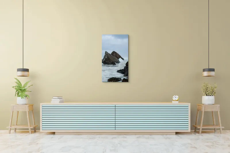 Tablou Canvas, "Arcul stâncos din valurile învolburate", Piatră, Valuri, Ocean, Cer, Insule, Păsări, Nor, Stânci, Spumă, Natură, 50 x 90 cm – poza 6