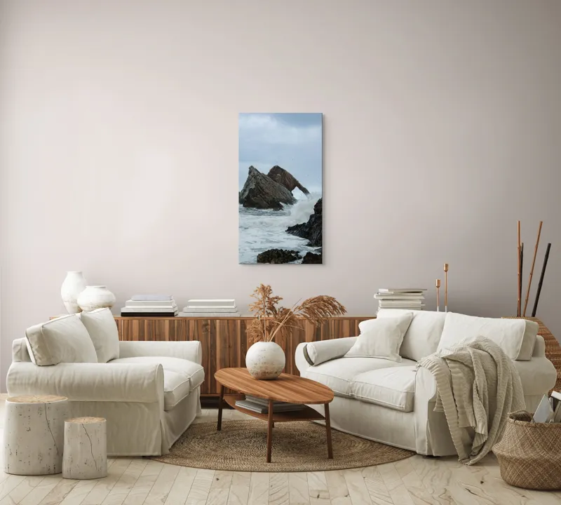Tablou Canvas, "Arcul stâncos din valurile învolburate", Piatră, Valuri, Ocean, Cer, Insule, Păsări, Nor, Stânci, Spumă, Natură, 50 x 90 cm – poza 7