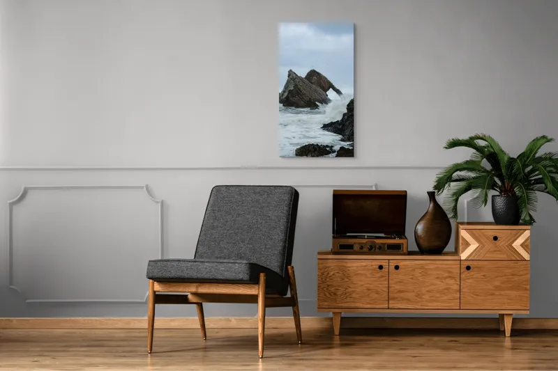 Tablou Canvas, "Arcul stâncos din valurile învolburate", Piatră, Valuri, Ocean, Cer, Insule, Păsări, Nor, Stânci, Spumă, Natură, 50 x 90 cm – poza 8