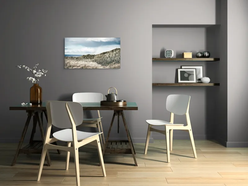 Tablou Canvas, "Curcubeu peste dune de nisip", Iarbă, Dune, Cer, Nori, Ocean, Peisaj, Natură, Melancolie, Vânt, Verdeață, 90 x 50 cm – poza 3