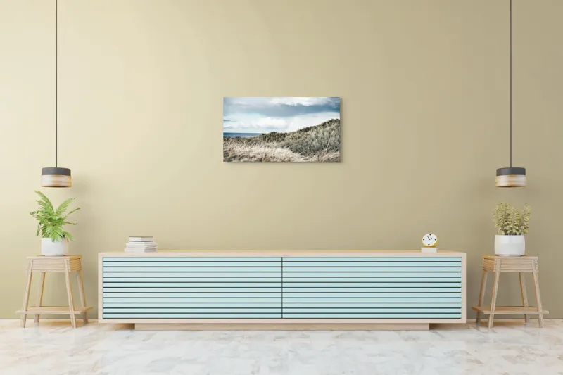 Tablou Canvas, "Curcubeu peste dune de nisip", Iarbă, Dune, Cer, Nori, Ocean, Peisaj, Natură, Melancolie, Vânt, Verdeață, 90 x 50 cm – poza 5
