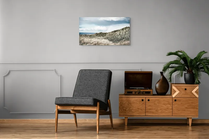 Tablou Canvas, "Curcubeu peste dune de nisip", Iarbă, Dune, Cer, Nori, Ocean, Peisaj, Natură, Melancolie, Vânt, Verdeață, 90 x 50 cm – poza 6