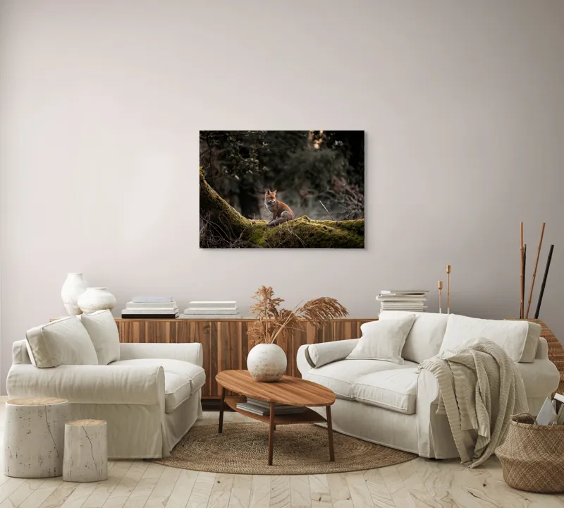 Tablou Canvas, "Vulpea pe trunchi acoperit de mușchi", Fox, Moss, Forest, Tranquil, Nature, Branches, Wildlife, Greenery, 100 x 70 cm – poza 3