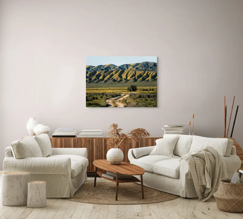 Tablou Canvas, "Poteca spre dealurile înflorite", Drum, Dealuri, Galben, Verde, Natura, Peisaj, Serenitate, Primăvară, 100 x 70 cm – poza 3