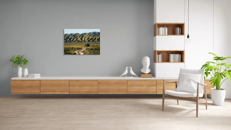 Tablou Canvas, "Poteca spre dealurile înflorite", Drum, Dealuri, Galben, Verde, Natura, Peisaj, Serenitate, Primăvară, 100 x 70 cm – poza 6