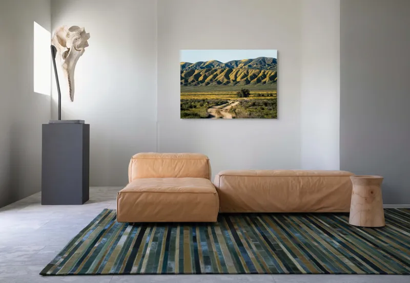 Tablou Canvas, "Poteca spre dealurile înflorite", Drum, Dealuri, Galben, Verde, Natura, Peisaj, Serenitate, Primăvară, 100 x 70 cm – poza 7