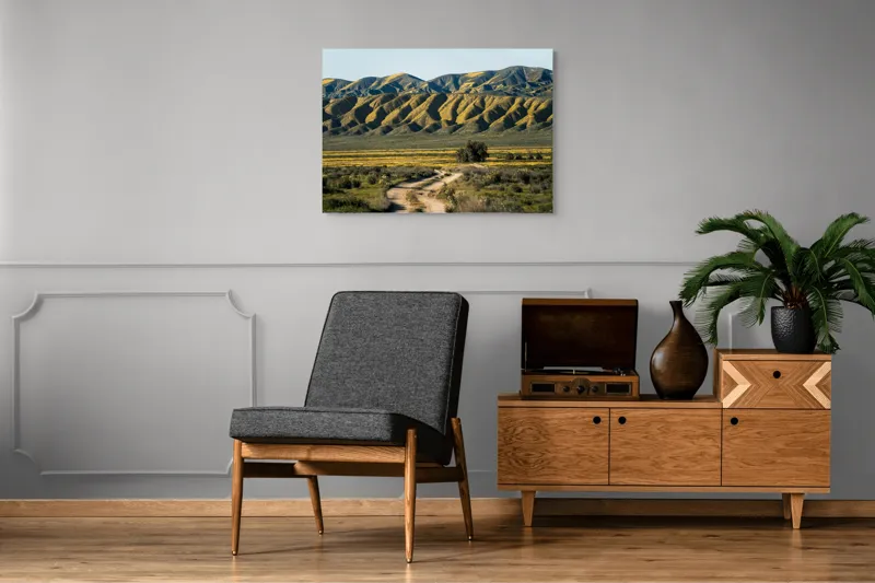 Tablou Canvas, "Poteca spre dealurile înflorite", Drum, Dealuri, Galben, Verde, Natura, Peisaj, Serenitate, Primăvară, 100 x 70 cm – poza 8