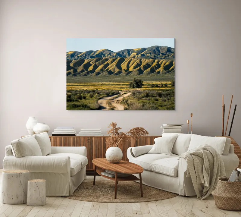 Tablou Canvas, "Poteca spre dealurile înflorite", Drum, Dealuri, Galben, Verde, Natura, Peisaj, Serenitate, Primăvară, 150 x 100 cm – poza 3