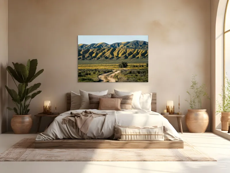 Tablou Canvas, "Poteca spre dealurile înflorite", Drum, Dealuri, Galben, Verde, Natura, Peisaj, Serenitate, Primăvară, 150 x 100 cm – poza 4
