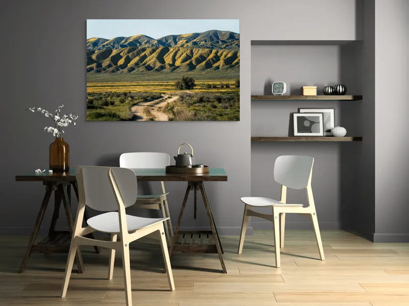 Tablou Canvas, "Poteca spre dealurile înflorite", Drum, Dealuri, Galben, Verde, Natura, Peisaj, Serenitate, Primăvară, 150 x 100 cm – poza 5