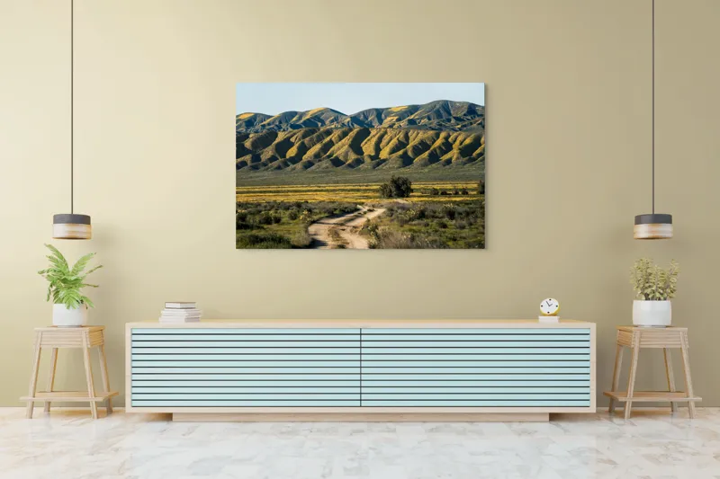 Tablou Canvas, "Poteca spre dealurile înflorite", Drum, Dealuri, Galben, Verde, Natura, Peisaj, Serenitate, Primăvară, 150 x 100 cm – poza 6