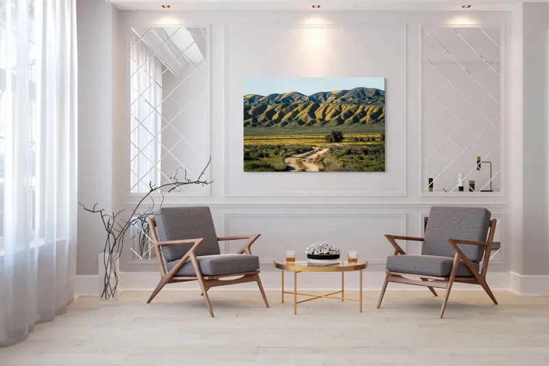 Tablou Canvas, "Poteca spre dealurile înflorite", Drum, Dealuri, Galben, Verde, Natura, Peisaj, Serenitate, Primăvară, 150 x 100 cm – poza 7