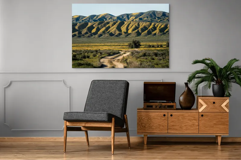 Tablou Canvas, "Poteca spre dealurile înflorite", Drum, Dealuri, Galben, Verde, Natura, Peisaj, Serenitate, Primăvară, 150 x 100 cm – poza 8