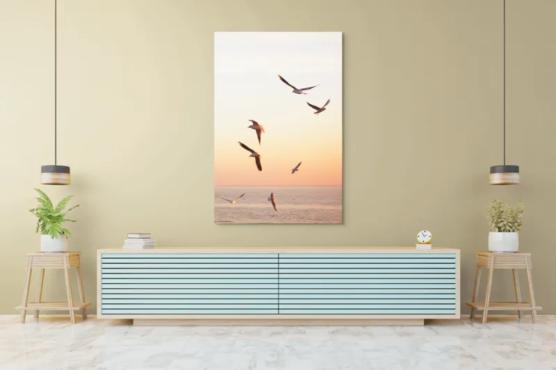 Tablou Canvas, "Pescărușii zbor lin la apus", Cer, Păsări, Apus, Ocean, Lumină, Vânt, Libertate, 100 x 150 cm – poza 4
