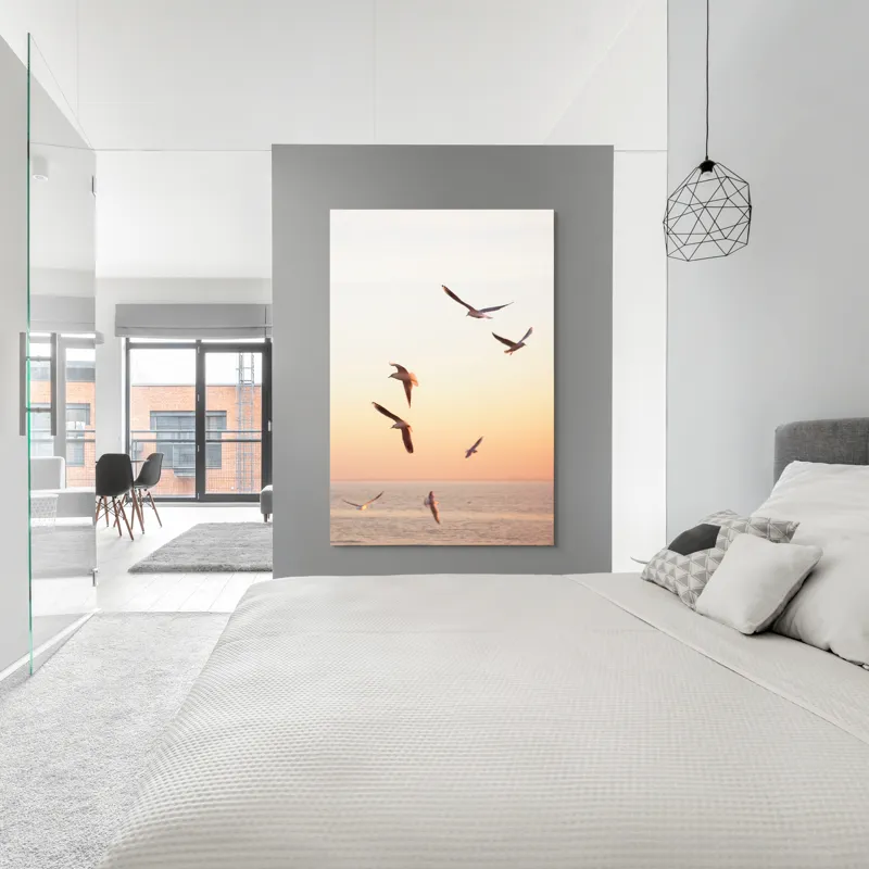 Tablou Canvas, "Pescărușii zbor lin la apus", Cer, Păsări, Apus, Ocean, Lumină, Vânt, Libertate, 100 x 150 cm – poza 5