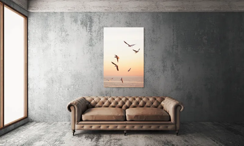 Tablou Canvas, "Pescărușii zbor lin la apus", Cer, Păsări, Apus, Ocean, Lumină, Vânt, Libertate, 100 x 150 cm – poza 6