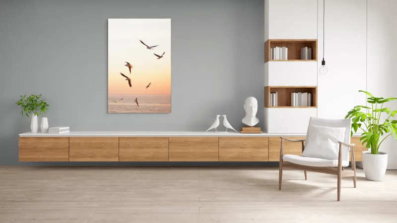 Tablou Canvas, "Pescărușii zbor lin la apus", Cer, Păsări, Apus, Ocean, Lumină, Vânt, Libertate, 100 x 150 cm – poza 8
