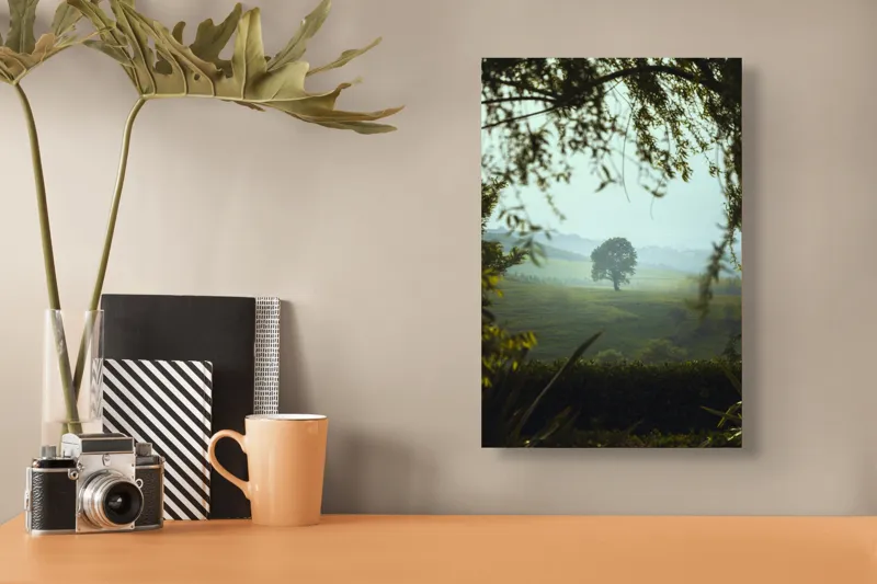 Tablou Canvas, "Arbore singuratic în câmpie verde", Verde, Solitar, Natură, Coline, Frunziș, Perspectivă, Însorit, Calm, Pitoresc, Împădurit, 26 x 39 cm – poza 3