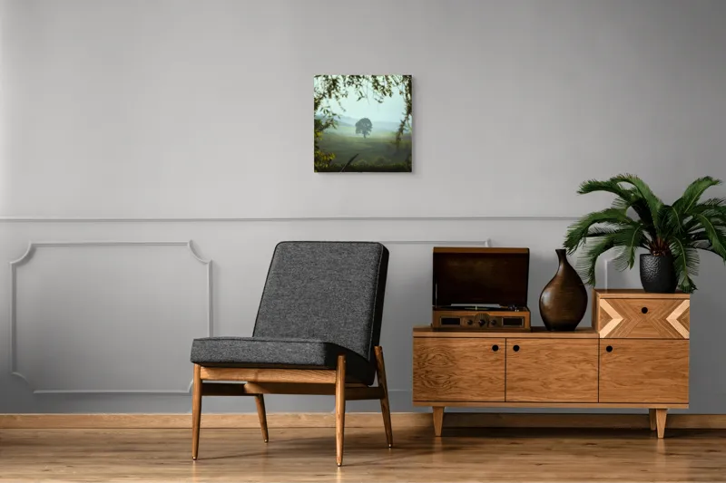 Tablou Canvas, "Arbore singuratic în câmpie verde", Verde, Solitar, Natură, Coline, Frunziș, Perspectivă, Însorit, Calm, Pitoresc, Împădurit, 50 x 50 cm – poza 6