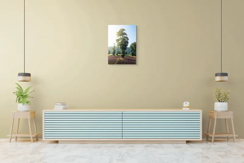 Tablou Canvas, "Armonia naturii sub cer senin", Arbore, Soare, Câmp, Verdeață, Cer, Răsărit, Pământ, Natură, Peisaj, Liniște, 50 x 70 cm – poza 6