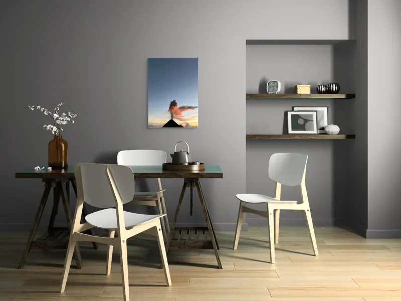 Tablou Canvas, "Vulcanul fumul și luna crescândă", Vulcan, Fum, Nor, Cer, Amurg, Lumină, Seninătate, Lună, 50 x 70 cm – poza 5