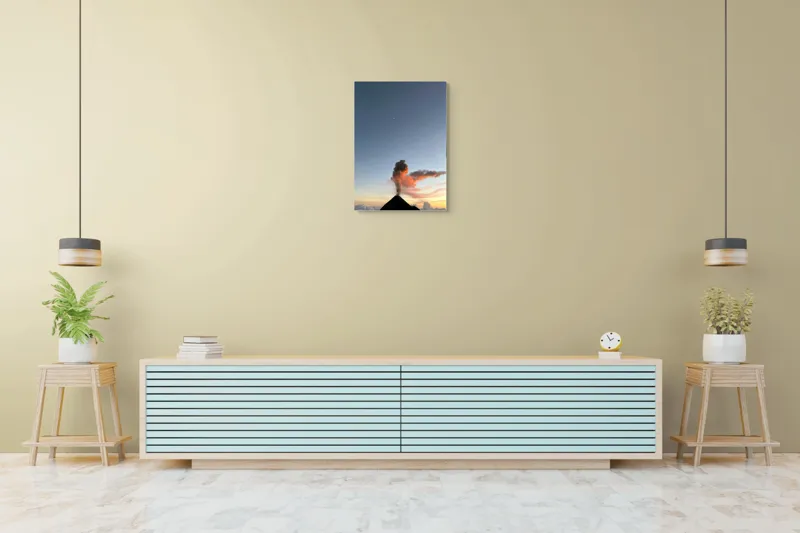 Tablou Canvas, "Vulcanul fumul și luna crescândă", Vulcan, Fum, Nor, Cer, Amurg, Lumină, Seninătate, Lună, 50 x 70 cm – poza 6