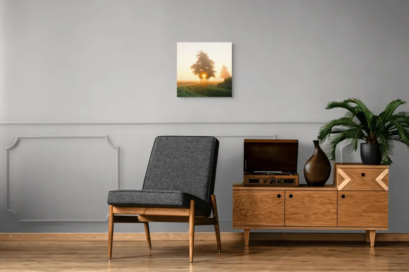 Tablou Canvas, "Răsărit magic în ceața dimineții", Cale, Câmp, Răsărit, Copaci, Rouă, Ceață, Lumină, Natură, 50 x 50 cm – poza 6
