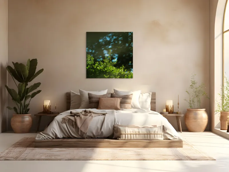 Tablou Canvas, "Lumina soarelui prin frunziș verde", Verde, Frunziș, Umbre, Răcoare, Natură, Lumină, Calm, Seninătate, 100 x 100 cm – poza 4