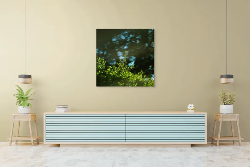 Tablou Canvas, "Lumina soarelui prin frunziș verde", Verde, Frunziș, Umbre, Răcoare, Natură, Lumină, Calm, Seninătate, 100 x 100 cm – poza 5