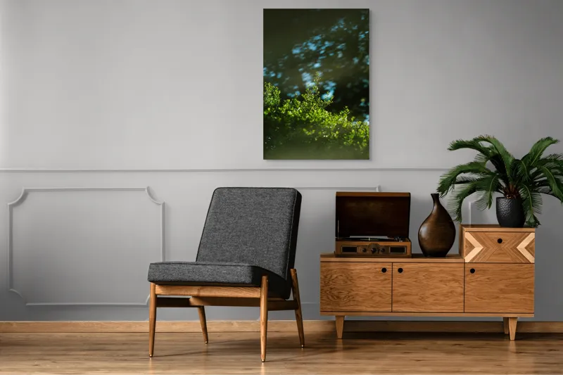 Tablou Canvas, "Lumina soarelui prin frunziș verde", Verde, Frunziș, Umbre, Răcoare, Natură, Lumină, Calm, Seninătate, 70 x 100 cm – poza 6