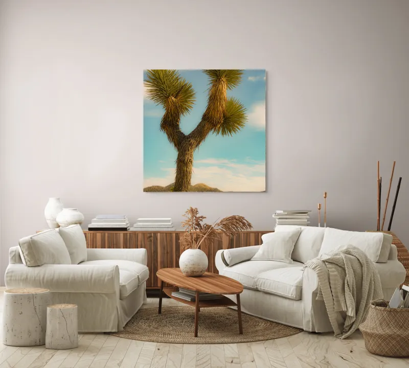 Tablou Canvas, "Arborele singuratic în deșertul arid", Pustiu, Deșert, Arbore, Cer, Nori, Peisaj, Natură, Sălbăticie, Soare, Verde, Frunze, Pământ, Orizont, Sprezierații., 100 x 100 cm – poza 3