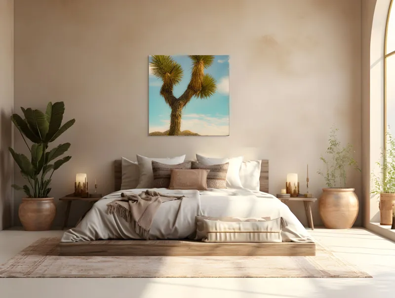 Tablou Canvas, "Arborele singuratic în deșertul arid", Pustiu, Deșert, Arbore, Cer, Nori, Peisaj, Natură, Sălbăticie, Soare, Verde, Frunze, Pământ, Orizont, Sprezierații., 100 x 100 cm – poza 4