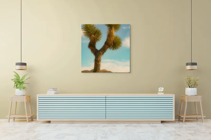 Tablou Canvas, "Arborele singuratic în deșertul arid", Pustiu, Deșert, Arbore, Cer, Nori, Peisaj, Natură, Sălbăticie, Soare, Verde, Frunze, Pământ, Orizont, Sprezierații., 100 x 100 cm – poza 5