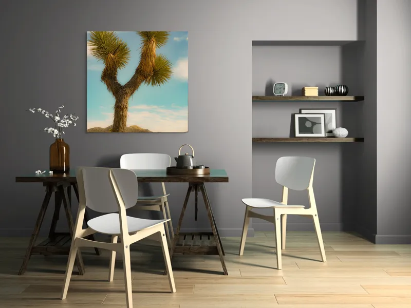 Tablou Canvas, "Arborele singuratic în deșertul arid", Pustiu, Deșert, Arbore, Cer, Nori, Peisaj, Natură, Sălbăticie, Soare, Verde, Frunze, Pământ, Orizont, Sprezierații., 100 x 100 cm – poza 6