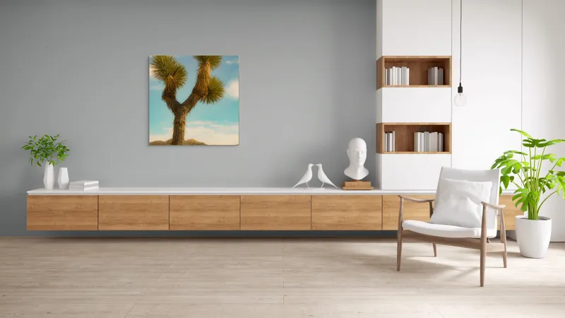 Tablou Canvas, "Arborele singuratic în deșertul arid", Pustiu, Deșert, Arbore, Cer, Nori, Peisaj, Natură, Sălbăticie, Soare, Verde, Frunze, Pământ, Orizont, Sprezierații., 100 x 100 cm – poza 8