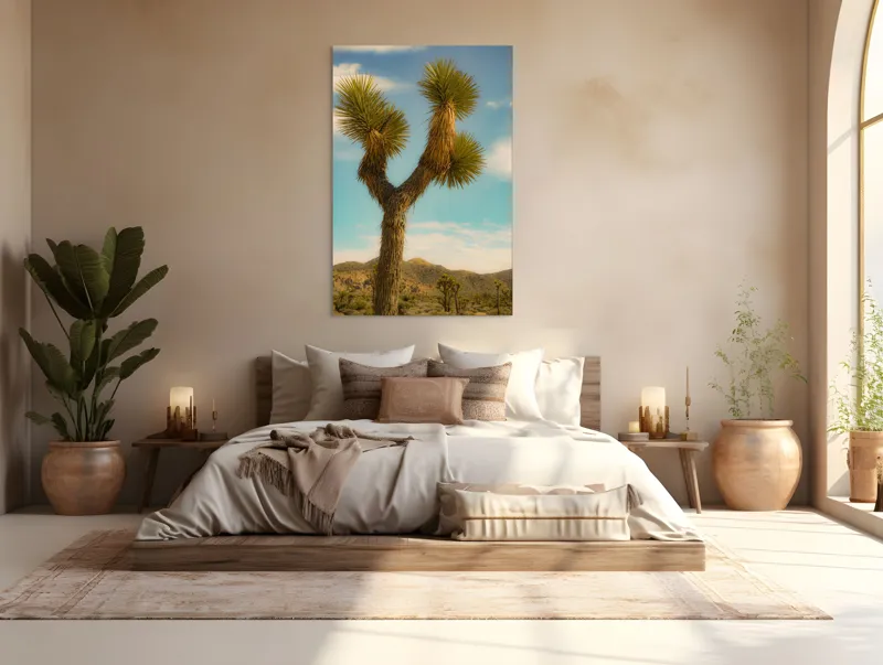 Tablou Canvas, "Arborele singuratic în deșertul arid", Pustiu, Deșert, Arbore, Cer, Nori, Peisaj, Natură, Sălbăticie, Soare, Verde, Frunze, Pământ, Orizont, Sprezierații., 100 x 150 cm – poza 3