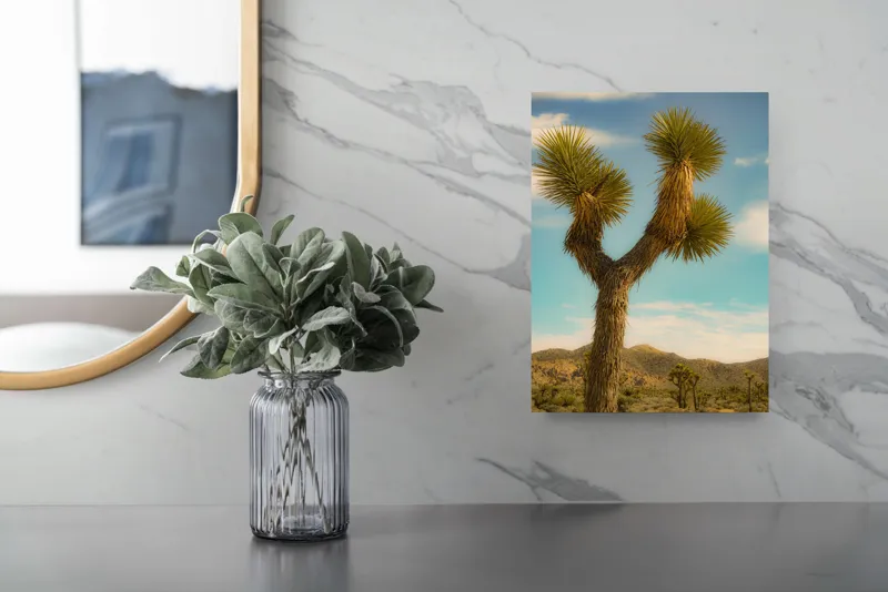 Tablou Canvas, "Arborele singuratic în deșertul arid", Pustiu, Deșert, Arbore, Cer, Nori, Peisaj, Natură, Sălbăticie, Soare, Verde, Frunze, Pământ, Orizont, Sprezierații., 26 x 39 cm – poza 4