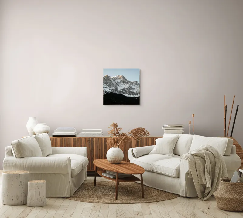 Tablou Canvas, "Munții îmbrățișând dimineața de iarnă", Nuanțe, Măreție, Zăpadă, Pădure, Răsărit, Stânci, Calm, Liniște, 50 x 50 cm – poza 7