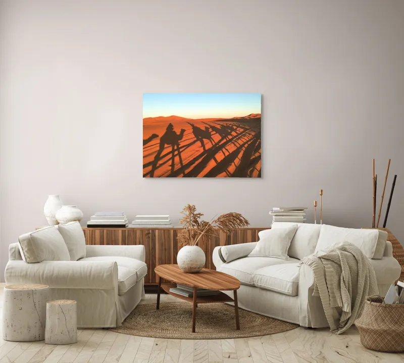 Tablou Canvas, "Umbrele cămilelor pe nisipul deșertului", Umbre, Cămile, Apus, Deșert, Dune, Nisip, Călătorie, Călătorii, 100 x 70 cm – poza 3