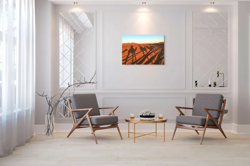 Tablou Canvas, "Umbrele cămilelor pe nisipul deșertului", Umbre, Cămile, Apus, Deșert, Dune, Nisip, Călătorie, Călătorii, 100 x 70 cm – poza 5