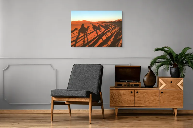 Tablou Canvas, "Umbrele cămilelor pe nisipul deșertului", Umbre, Cămile, Apus, Deșert, Dune, Nisip, Călătorie, Călătorii, 100 x 70 cm – poza 8